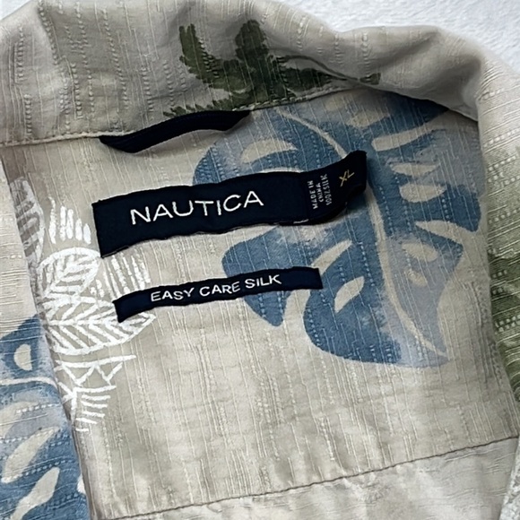 100% Silk (Washable) Men's XL Nautica Tropical‎ Print Beige Button Down Shirt - Picture 5 of 10